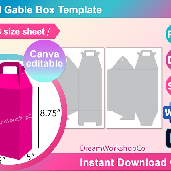 Tall Gable Box Template, Box with Handle Template, Tall Box Svg, Gift Box, Canva, SVG, DXF, Ms Word Docx, Png, Psd, A3 sheet, Printable