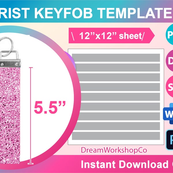 1 inch width Wrist Key fob chain, Key Fob Chain Template Canva, SVG, DXF, Ms word Docx, Png, Psd, 12x12" sheet, Printable