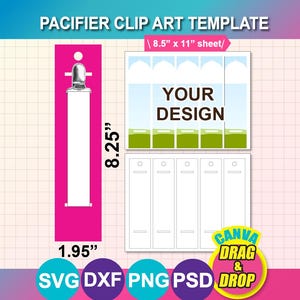 Op de afbeelding: Een speenkoord clip art sjabloon met een verticale roze displaykaart en een metalen clip, van 8,25 bij 1,95 inch. Bevat een 8,5 bij 11 inch velindeling met vijf lege rechthoekige vakken met de tekst YOUR DESIGN.