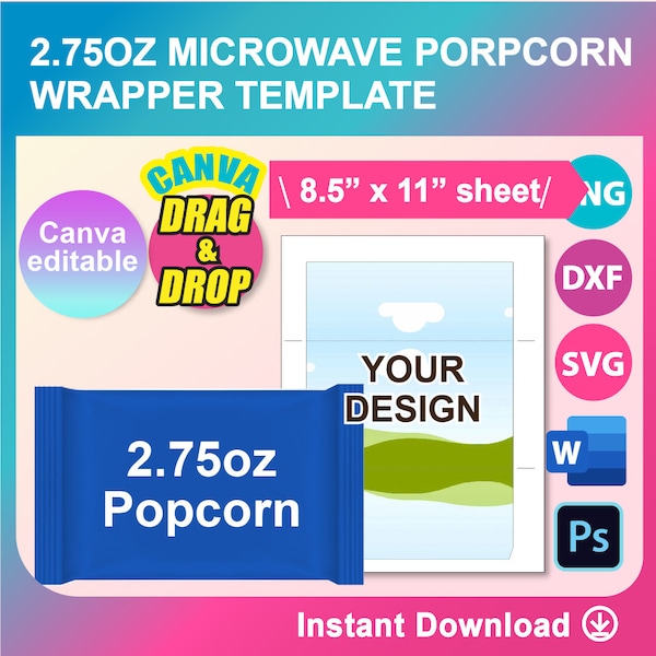 Microwave PopCorn Wrapper Template, SVG, DXF, Ms Word Docx, Png, PSD, 8.5"x11" sheet, Printable