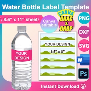 Water bottle Labels template, water bottle label blank template Canva, SVG, DXF, Ms Word Docx, Png, PSD, 8.5&quot;x11&quot; sheet, Printable