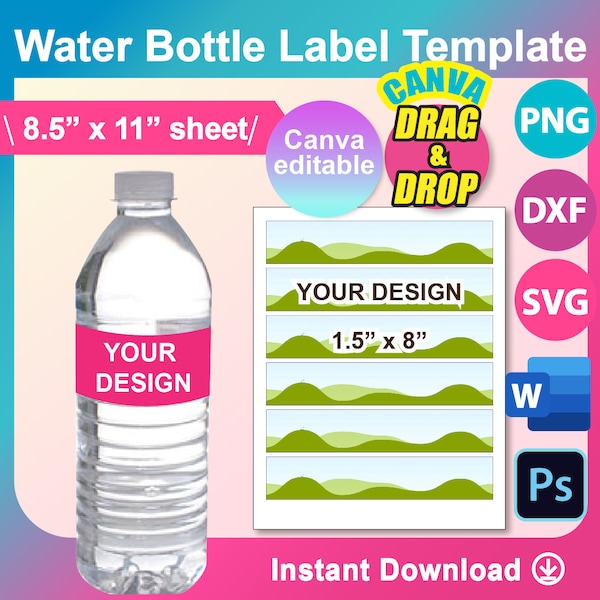 Water bottle Labels template, water bottle label blank template Canva, SVG, DXF, Ms Word Docx, Png, PSD, 8.5"x11" sheet, Printable