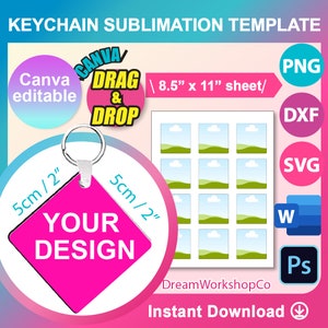 5cm Square Keychain Template, Sublimation Template, Canva, SVG, DXF, Ms Word Docx, Png, Psd, 8.5&quot;x11&quot; sheet