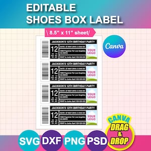 May include: A white sheet with four editable shoe box labels. Each label includes the text "JACKSON'S 12TH BIRTHDAY PARTY", a number "12", and event details. The sheet also features the Canva logo and icons for SVG, DXF, PNG, and PSD formats.