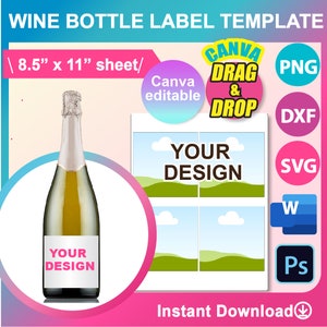 750ml Champagne Wine bottle Label Template . Mini Champagne bottle Labels, SVG, DXF, Canva, Ms Word Docx, Png, PSD, 8.5&quot;x11&quot; sheet