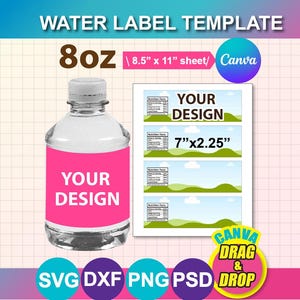 Labelsjabloon waterfles 8 oz: blanco, canvas, SVG, PNG, PSD, Docx (digitale download)