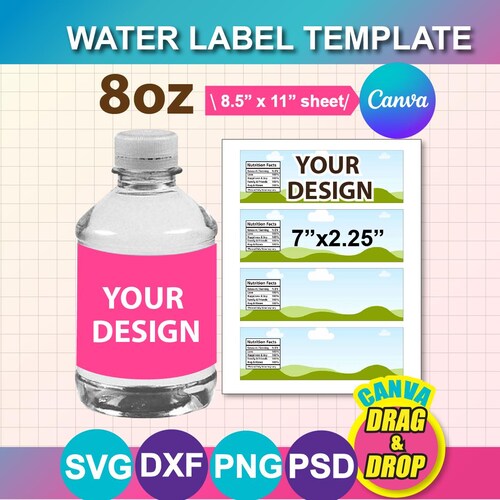 Modèle d'étiquette de bouteille d'eau de 8 oz : vierge, toile, SVG, PNG, PSD, Docx (téléchargement numérique)