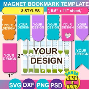 Magnetic Bookmark Template, Bookmark Template SVG, Canva, DXF, Png, PSD, 8.5&quot;x11&quot; sheet, Printable