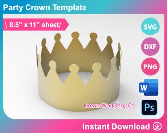 Kings Crown Party hat Template, SVG, DXF, Ms Word Docx, Png, Psd, 8.5"x11" sheet, Printable