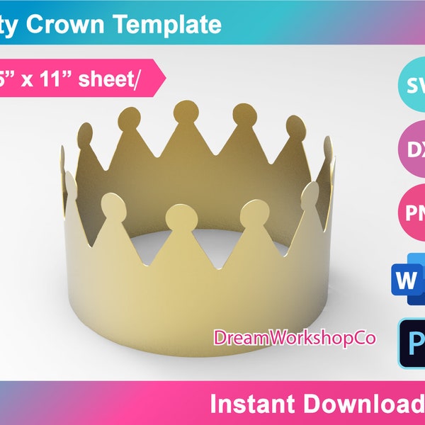 Modèle de chapeau Kings Crown Party, SVG, DXF, Ms Word Docx, Png, Psd, feuille de 8,5 « x11 », imprimable