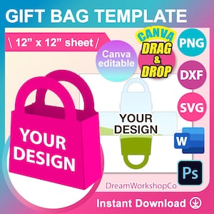 Modèle de sac cadeau, modèle de sac en papier SVG, DXF, Canva, MS Word Docx, Png, PSD, feuille 12 x 12 po, imprimable