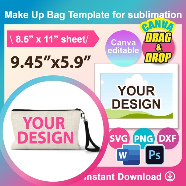 Make Up Bag Template, Comestic Bag, Make up Bag for Sublimation, Canva, SVG, DXF, Ms Word Docx, Png, Psd, 8.5"x11" sheet, Printable