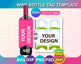 Wine bottle Tag Template: Canva, SVG, Dxf, Png, Digital Download, 8.5x11" Sheet
