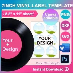 7inch Vinyl record label Template, Ms word, PSD, Png, SVG, Dxf, 8.5x11&quot; sheet, Printable, Instant Download