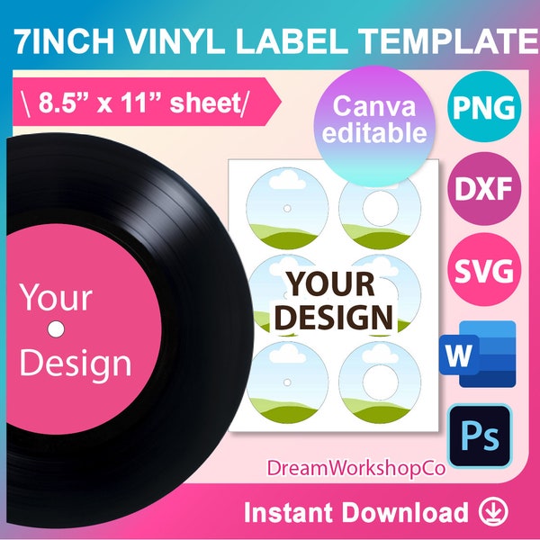 7inch Vinyl record label Template, Ms word, PSD, Png, SVG, Dxf, 8.5x11" sheet, Printable, Instant Download