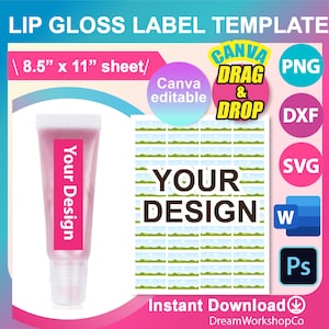 Lip Gloss Label Template, Lip Gloss Tube Label Template, SVG, DXF, Canva, DOCX, Png, Psd,  8.5x11&quot; sheet, Printable, Instant Download