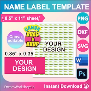 Plantilla de etiqueta con nombre, plantilla de etiqueta de lápiz, SVG, Canva, DXF, Ms Word Docx, Png, Psd, hoja de 8,5" x 11", imprimible