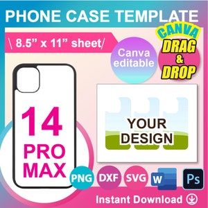 Phone Case 14 Pro Max Template, Phone Case Template for sublimation, Canva, SVG, Dxf, Ms Word docx, Png, PSD, 8.5" x 11" sheet