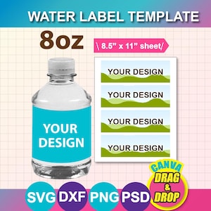 Può includere: Un modello di etichetta per l'acqua con il testo "WATER LABEL TEMPLATE" e "8oz". L'immagine include una bottiglia d'acqua con un'etichetta blu che dice "YOUR DESIGN". Viene mostrato anche un foglio di etichette con il testo "YOUR DESIGN".