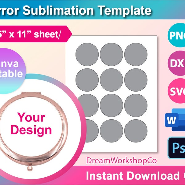 Compact Mirror Sublimation Template, SVG, Canva, DXF, DOCX, Png, Psd,  8.5x11" sheet