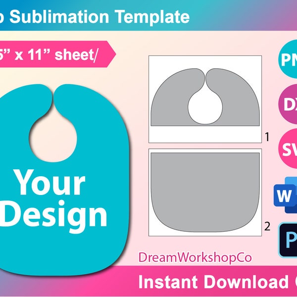 Baby Bib Template, Sublimation Template, SVG, Canva, DXF, Ms Word Docx, Png, Psd, 8.5 x 11 Sheet, Printable