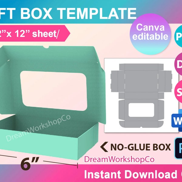 Rectangle Box No-Glue Window Box Template, Cake Box, Bow Box Template, Cookie Box SVG, Chocolate box, Canva, DXF, Ms Word Docx, Png, Psd