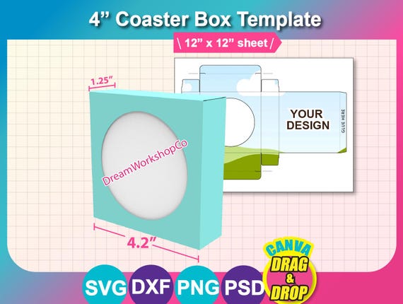 Cup Coaster Box Template, Cut Files, Cup Coaster Box Template SVG, DXF, Ms Word Docx, Png, Psd, 12x12" sheet, Printable