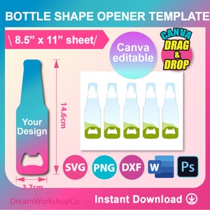 Bottle Shape Bottle Opener Template, Sublimation Template, Canva, Ms word, PSD, PNG, SVG, Dxf, 8.5x11&quot; sheet, Printable, Instant Download