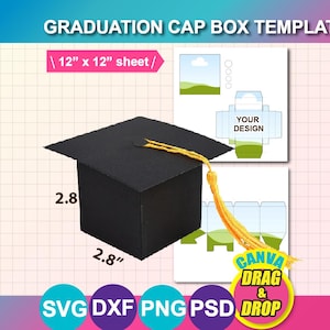 May include: A black graduation cap box template with a yellow tassel. The box is 2.8 inches tall and wide. The image includes the text "GRADUATION CAP BOX TEMPLATE" and "12" x 12" sheet". The image also includes the text "CANVA DRAG & DROP".