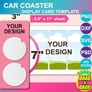 2pcs Car Cup Coaster Package Template,  Car Coaster Display Card Template SVG, Canva, DXF, Ms Word Docx, Png, Psd, 8.5&quot;x11&quot; sheet