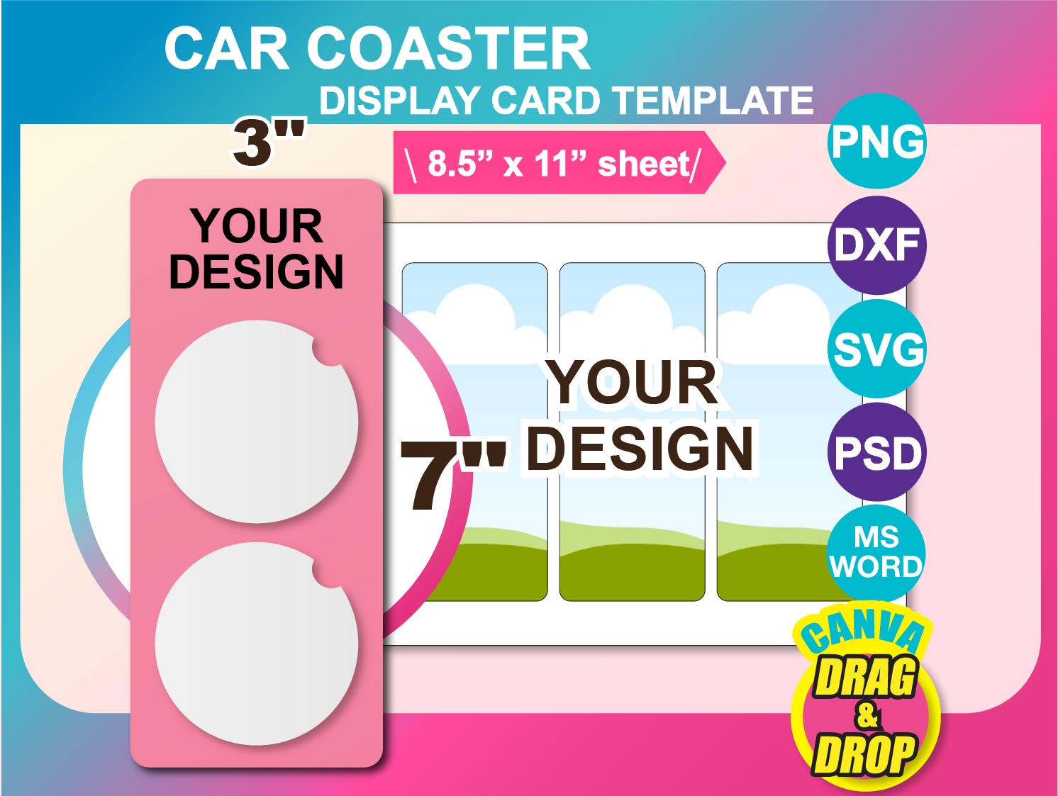 2pcs Car Cup Coaster Package Template,  Car Coaster Display Card Template SVG, Canva, DXF, Ms Word Docx, Png, Psd, 8.5"x11" sheet
