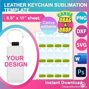 Rectangle Leather Keychain Template, Sublimation Template, SVG, Canva, DXF, Ms Word Docx, Png, Psd, 8.5&quot;x11&quot; sheet, Digital download
