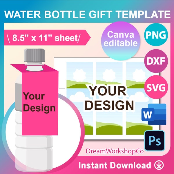 Water Bottle Gift Tag Template, SVG, DXF, Canva, Ms Word Docx, Png, Psd, 8.5"x11" sheet, Printable