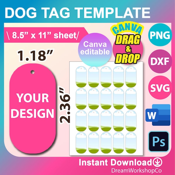 1.18"x2.36" Dog Tag Template, Dog tag template SVG, DXF, Ms Word Docx, Canva, Png, Psd, 8.5"x11" sheet, Printable