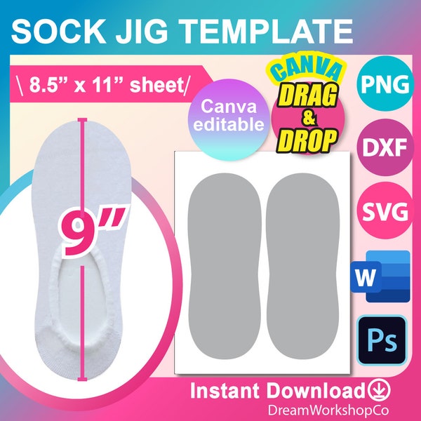 Sock Jig Template, No Show Sock Jig Template, sublimation, SVG, DXF, Canva, Ms Word Docx, Png, Psd, 8.5x11 sheet, Printable