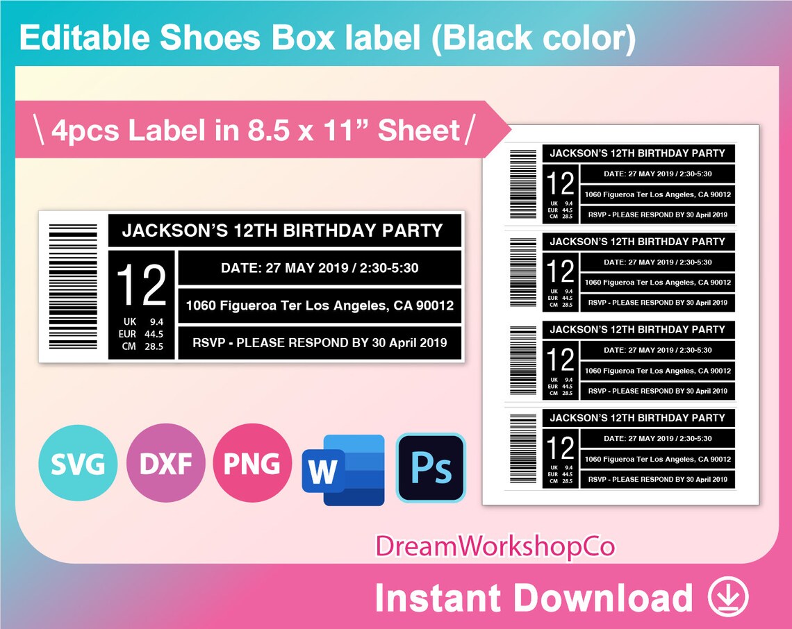 Shoe Box Label Template SVG DXF Png Ms Word Docx PDF Etsy UK
