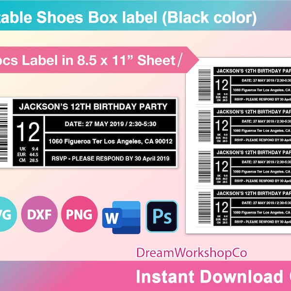 Shoe box label Template, SVG, DXF, Png, Ms Word Docx, PDF, Printable, 8.5" x 11" sheet.  Instant Download