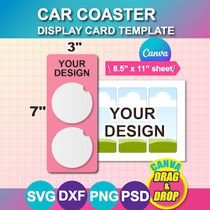 Pode incluir: Modelo de cartão de exibição de porta-copos de carro rosa com o texto "YOUR DESIGN". O cartão tem 7,6 cm de largura e 17,8 cm de altura. Inclui um logotipo Canva e o texto "DRAG & DROP".