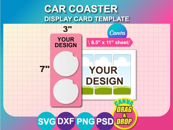 2pcs Car Cup Coaster Package Template,  Car Coaster Display Card Template SVG, Canva, DXF, Ms Word Docx, Png, Psd, 8.5"x11" sheet