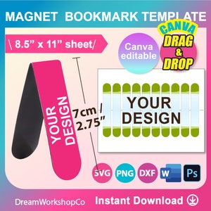 Magnetic Bookmark Template, Bookmark Template SVG, Canva, DXF, Ms Word Docx, Png, PSD, 8.5&quot;x11&quot; sheet, Printable
