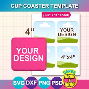 4inch Square Cup Coaster Sublimation Template, Canva, SVG, Dxf, PSD, PNG, Digital Download