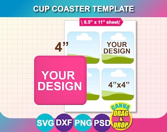 4inch Square Cup Coaster Sublimation Template, Canva, SVG, Dxf, PSD, PNG, Digital Download