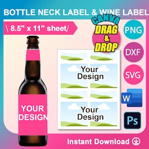Beer & Wine Label Template: Bottle Neck, Canva, SVG, Dxf, Png, Digital Download, 8.5x11&quot; Sheet