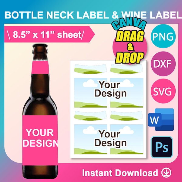 Beer Label, Neck Label Template, Wine Bottle Label, Canva, SVG, DXF, Ms Word Docx, Png, PSD, 8.5"x11" sheet, Printable
