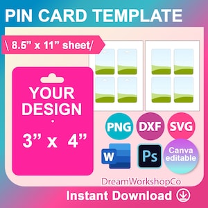 Enamel Pin Display Card Template, Keychain Display Card Template, SVG, Canva, DXF, Ms Word docx, Png, Psd, 8.5"x11" sheet, Printable