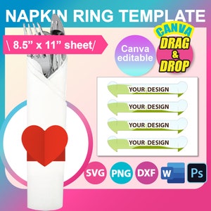 Sjabloon hart servetring, servetomslag, canvas, MS Word, PSD, PNG, SVG, DXF, 8,5 x 11 inch, vel 8,5 x 11 inch, afdrukbaar, direct downloaden