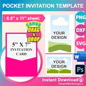 Single Pocket Invitation template, Fit for 5&quot;x 7&quot; invitation, Pocket Wedding Invitation Template, Canva, Ms word, PSD, PNG, SVG, Dxf