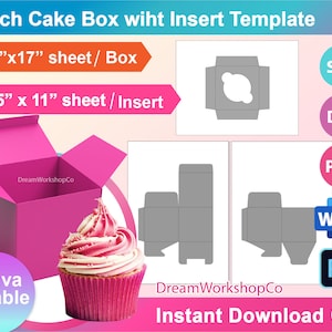 4" CupCake Gift Box,  Cake Box with insert, Gift Box Template, Canva, Ms word, PSD, PNG, SVG, Dxf, 11x17 sheet, Printable, Instant Download