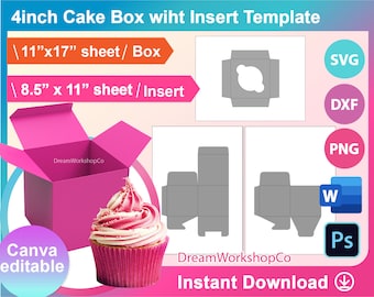 4" CupCake Gift Box,  Cake Box with insert, Gift Box Template, Canva, Ms word, PSD, PNG, SVG, Dxf, 11x17 sheet, Printable, Instant Download