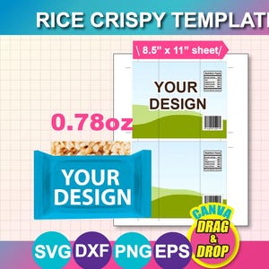 May include: A template for a rice crispy treat, featuring a blue wrapper with "YOUR DESIGN" text and a 0.78oz weight. The design includes a sheet with "YOUR DESIGN" and a nutrition facts label. The template is for an 8.5" x 11" sheet.
